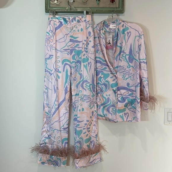 revolve x Oceanus rose pink ostrich feather psychedelic cover up small set - Picture 7 of 8